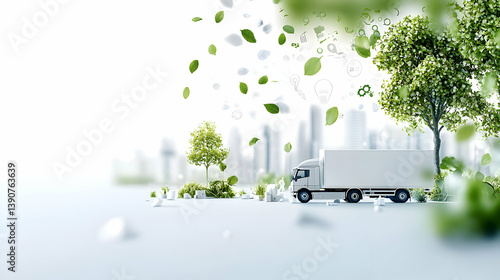 White Delivery Truck Driving Through Abstract Cityscape With Green Leaves and Trees Conceptual Transportation