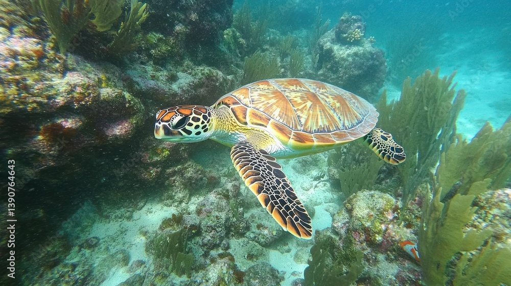 Fototapeta premium Sea turtle swimming coral reef ocean wildlife nature