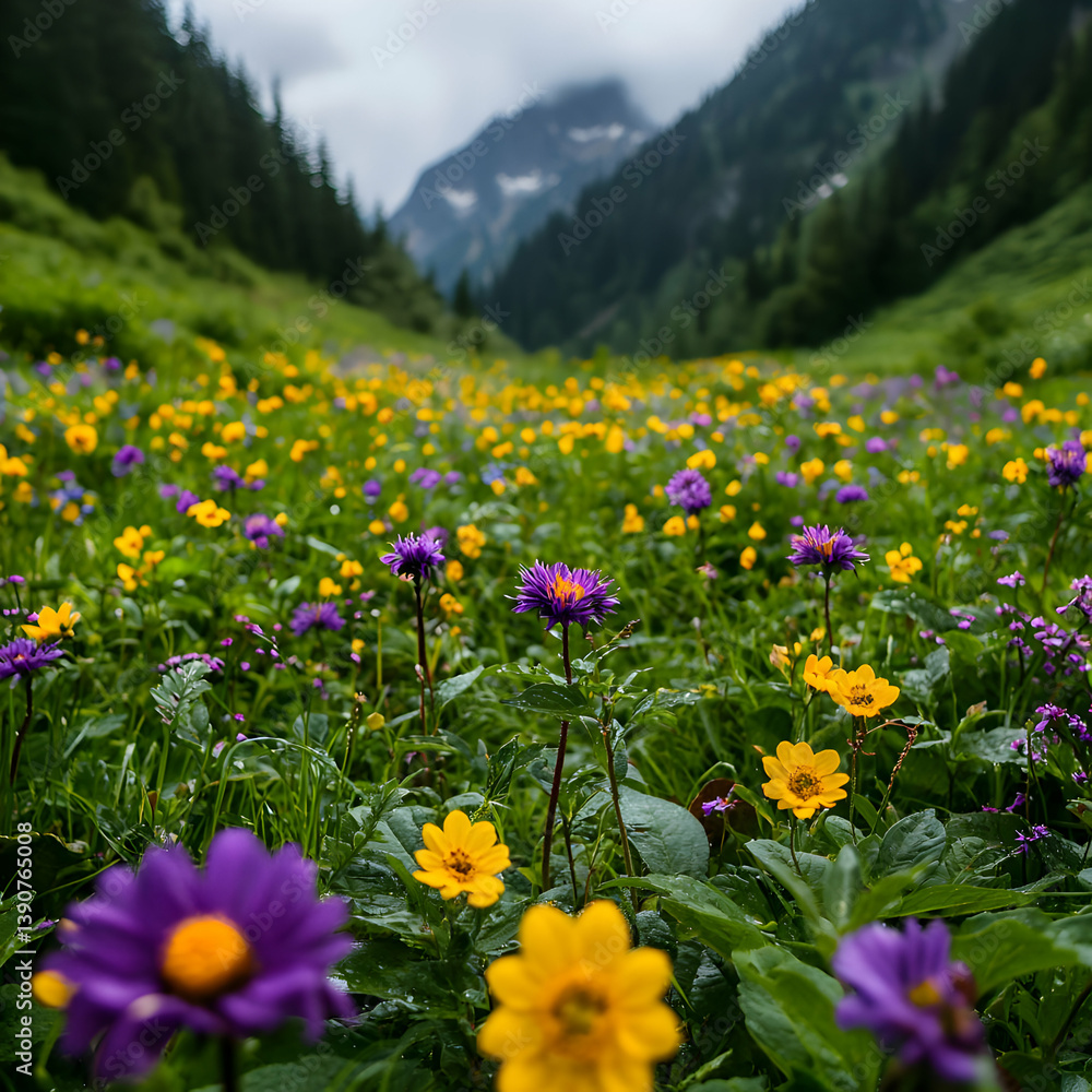 Obraz premium Vibrant Field Of Purple And Yellow Wildflowers In Lush Meadow With Mountain Peaks And Forest Background