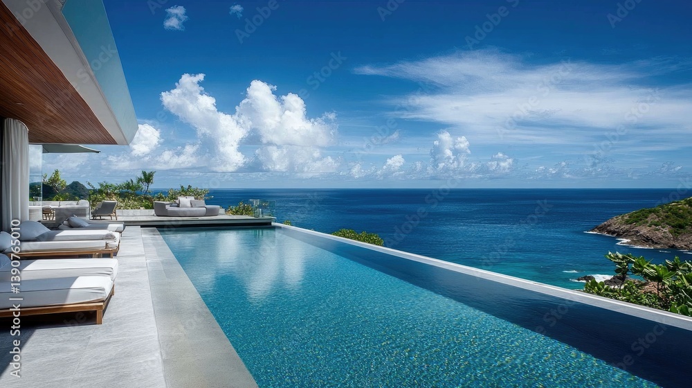 Fototapeta premium Modern luxury villa with infinity pool overlooking the ocean under a clear blue sky