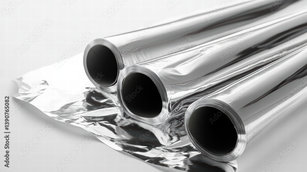 Fototapeta premium Aluminum Foil Rolls: Three gleaming rolls of aluminum foil lie neatly arranged, their metallic surfaces reflecting light with a clean, modern aesthetic.