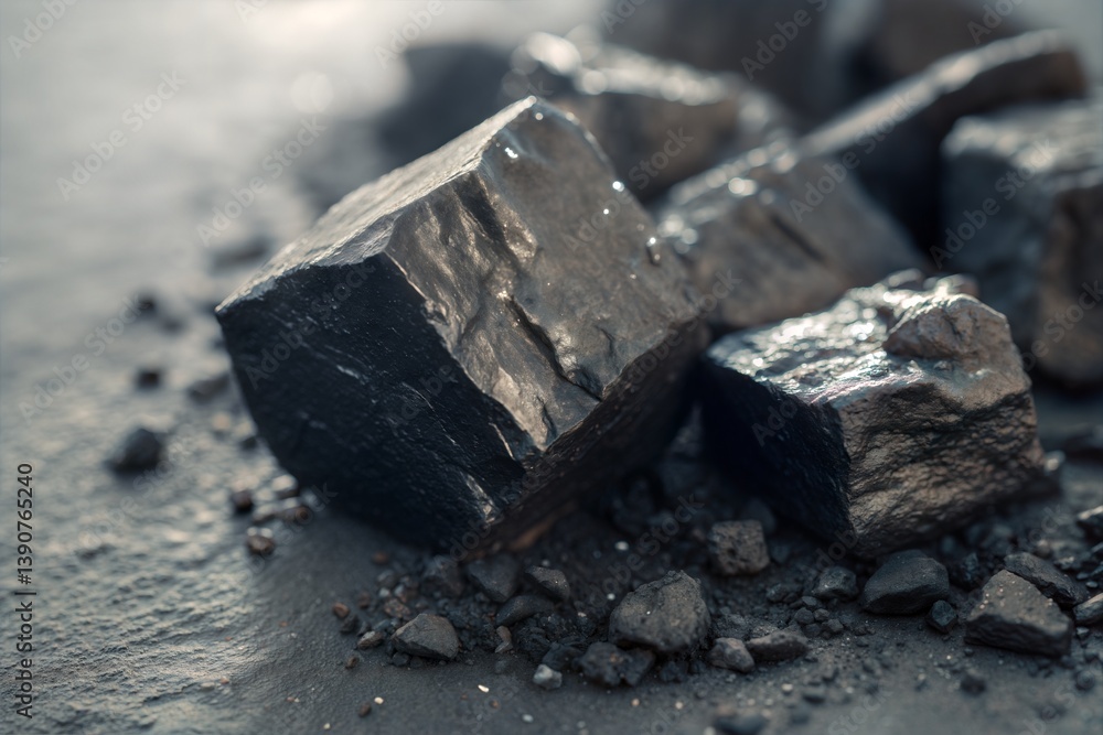 Close-up of dark, cubic rocks on a dark surface. Close-up of dark, cubic rocks on a dark surface.