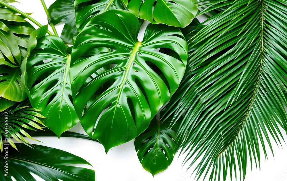 Obraz premium Tropical Greenery Abundance Fresh Leaves Vibrant Foliage. Monstera And Palm Fronds. Exotic Plants On White. A Lush Botanical Display For A Lively Design.