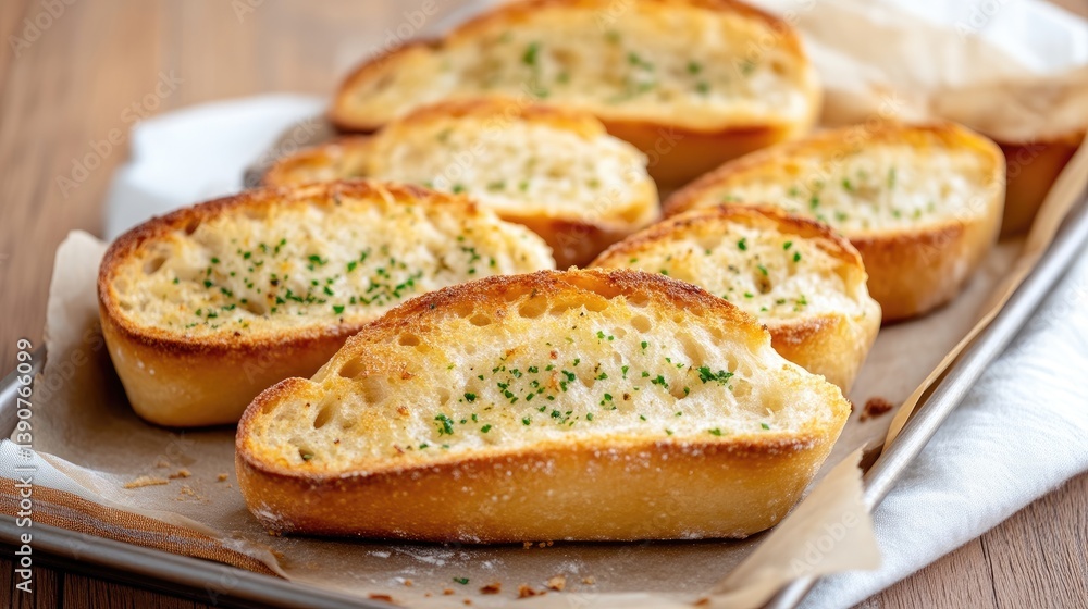 Crispy, golden-brown garlic bread slices on a baking sheet Crispy, golden-brown garlic bread slices on a baking sheet