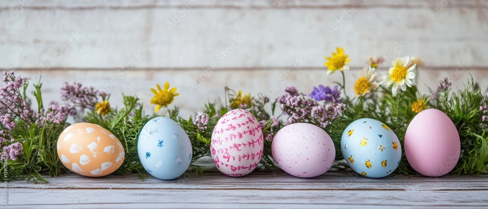 Colorful eggs on a rustic table
