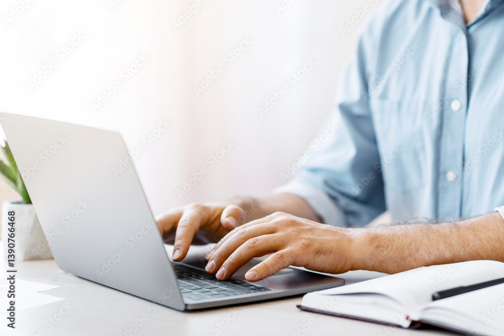 Bearded Man Freelancer Working On Laptop At Home Office, Typing On Keyboard, Sitting At Desk Using Computer, Cropped Image With Copy Space Bearded Man Freelancer Working On Laptop At Home Office, Typing On Keyboard, Sitting At Desk Using Computer, Cropped Image With Copy Space