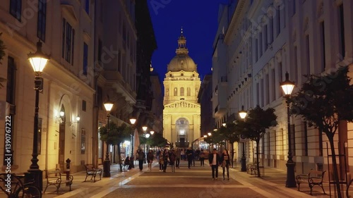 Zrinyi utca street and Saint Stephen`s Basilica in the evening in central Budapest, Hungary. The picturesque pedestrian street Zrinyi Utca with St.Stephen's Square and St.Stephen's Basilica. Editorial