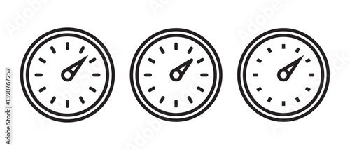 Black isolated outlined thin illustration set of 3 speedometer versions. Vector icons in flat style.