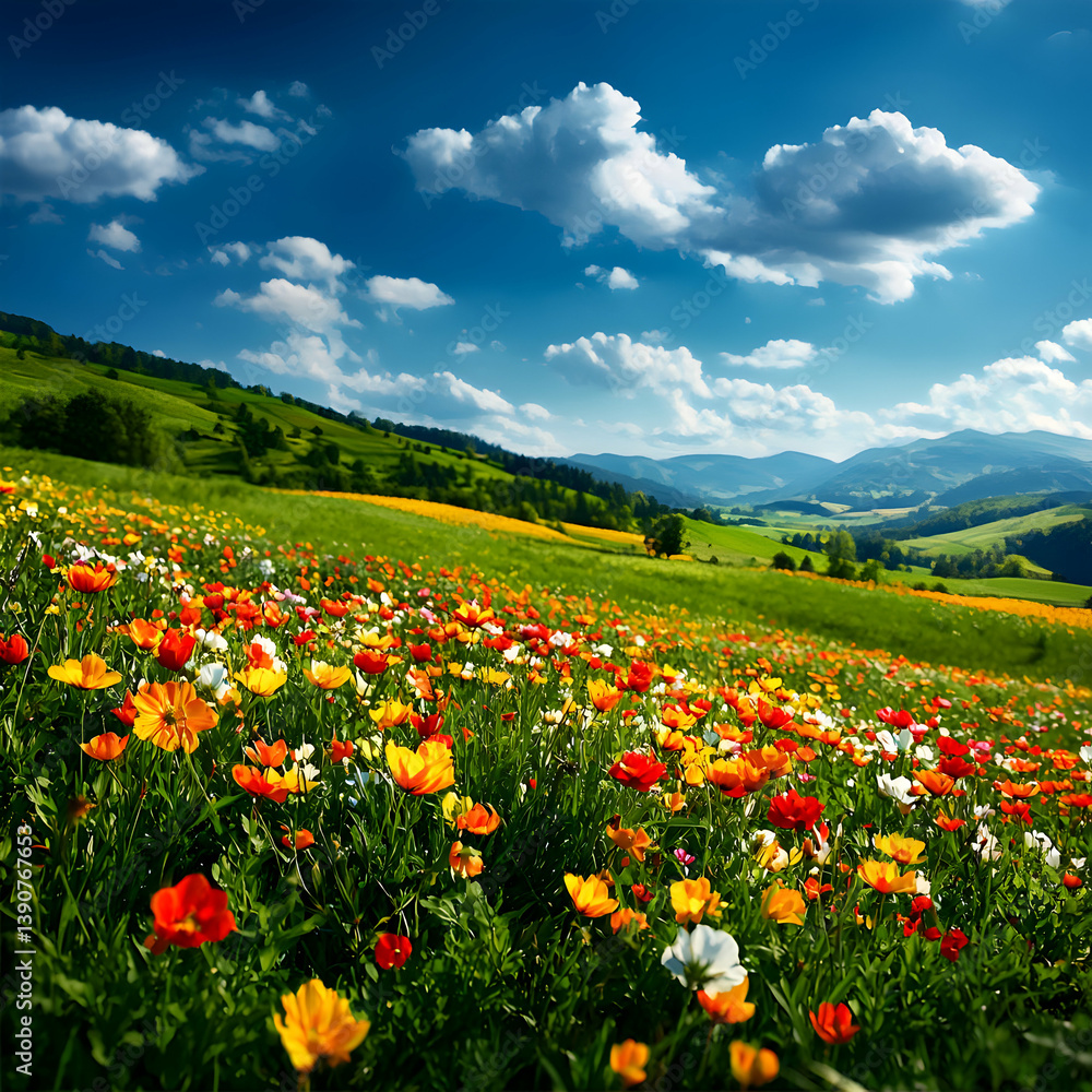 Obraz premium Vibrant Floral Meadow Under Blue Sky and Rolling Green Hills Scenic Landscape
