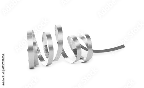 Photos Shiny silver serpentine streamer on white background