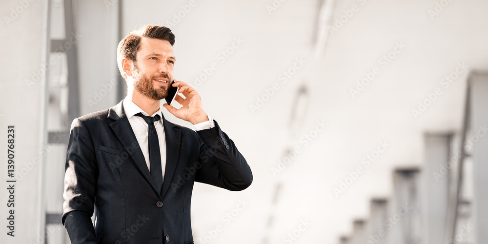 Handsome wealthy businessman standing in airport, talking on mobile phone with business partners and looking through the window, having business trip, panorama with copy space Handsome wealthy businessman standing in airport, talking on mobile phone with business partners and looking through the window, having business trip, panorama with copy space