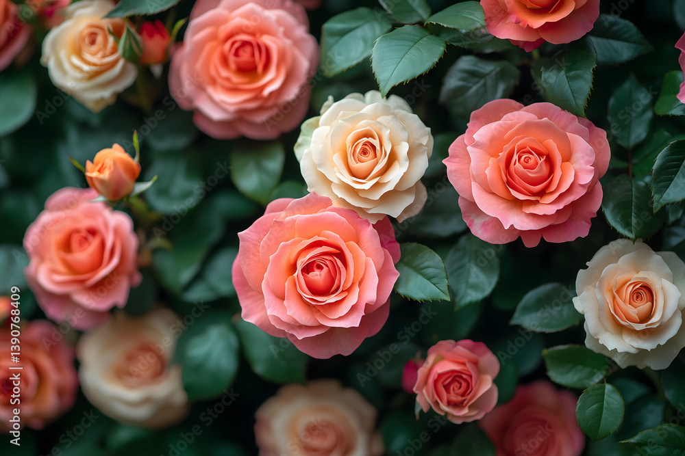 Beautiful arrangement of peach and white roses with green leaves in a garden setting Beautiful arrangement of peach and white roses with green leaves in a garden setting