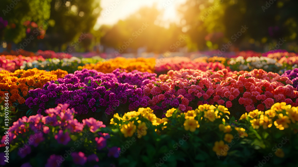 Obraz premium Vibrant Flower Field Under Sunset With Colorful Blossoms and Warm Light