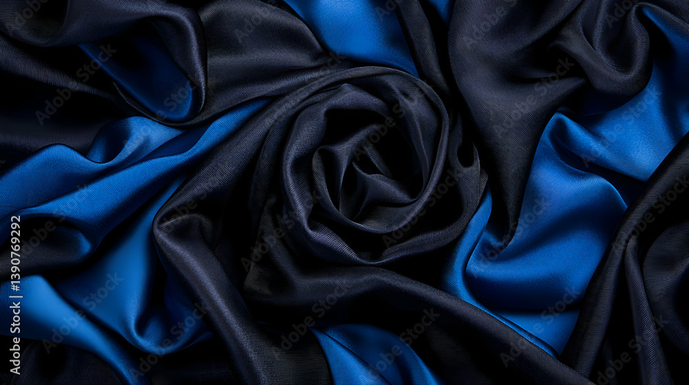 Fototapeta premium Swirling Blue And Black Fabric With Reflective Surface And Detailed Texture