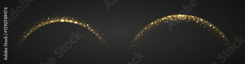 Gold glitter arch with sparkles. Glowing shooting star tail light effect. Isolated sparkle frame for Christmas or New Year decor.