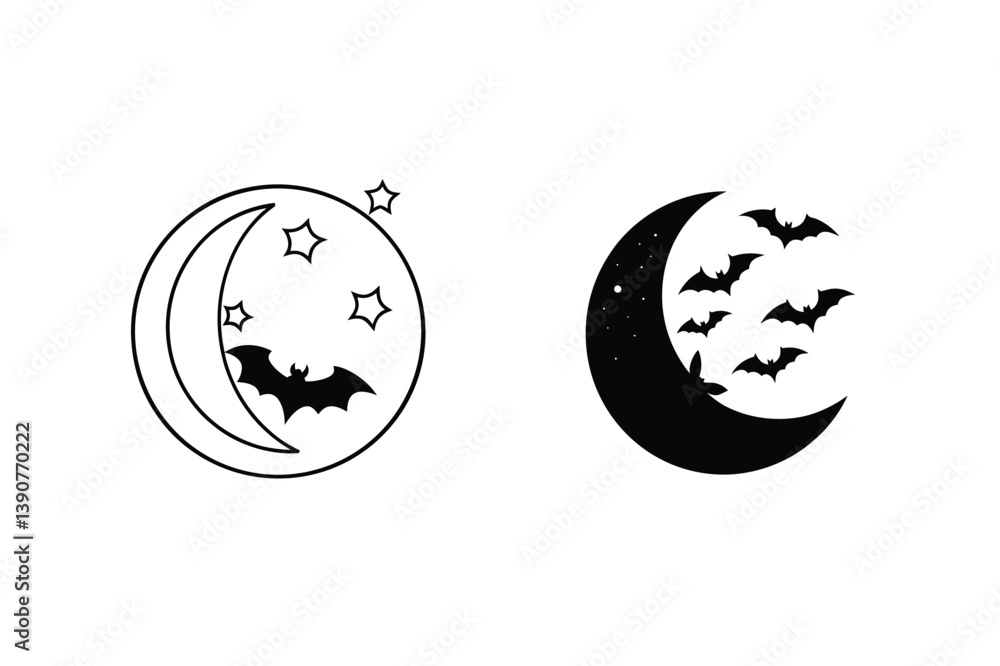 Obraz premium Halloween Moon And Bat Silhouettes Vector Illustration Spooky Night Graphic Designs