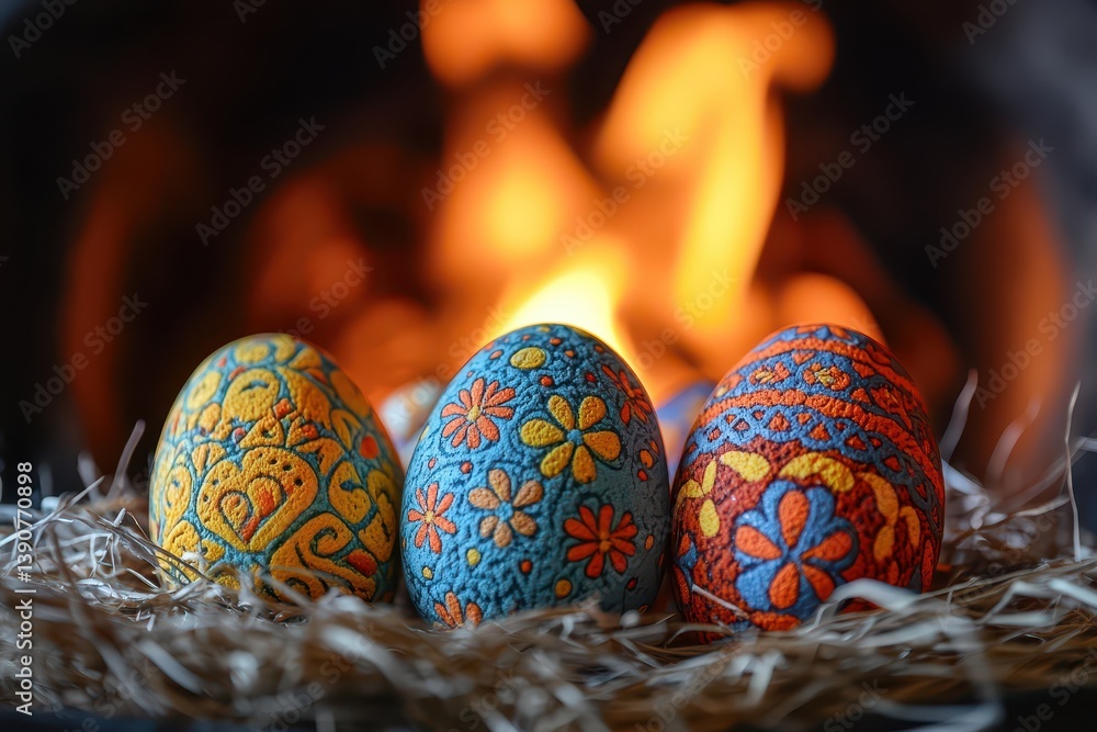 Colorful eggs displayed near a cozy fire