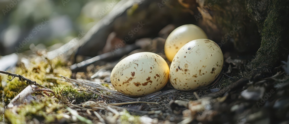 Three speckled eggs nestled in forest