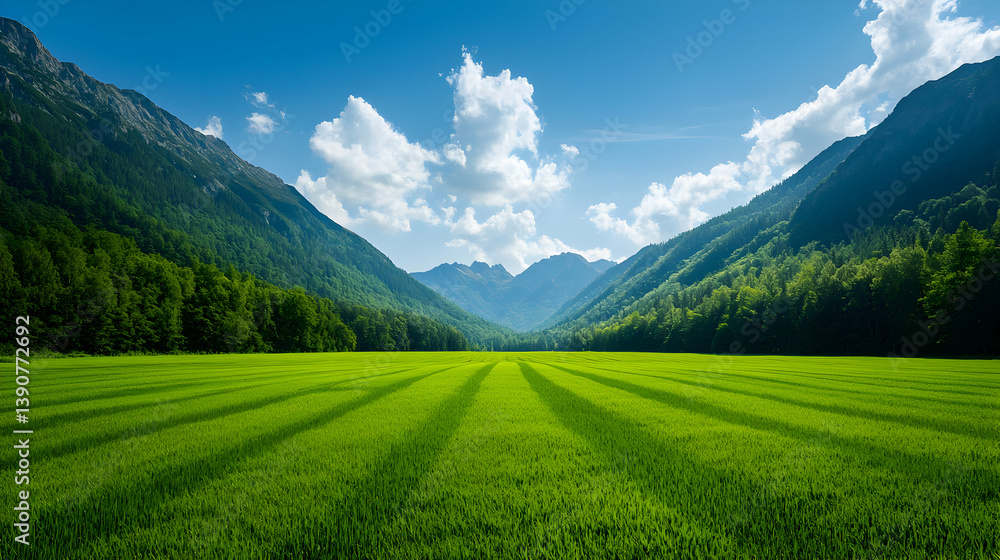 Obraz premium Vibrant Green Field Leading To Valley Between Mountains Under Blue Sky With Fluffy White Clouds