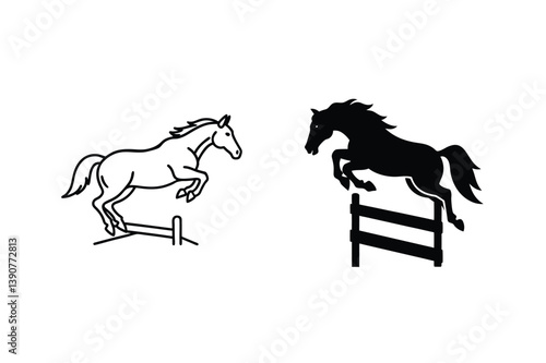 Two Horses Silhouette Jumping Over Fence Equestrian Sport Illustration