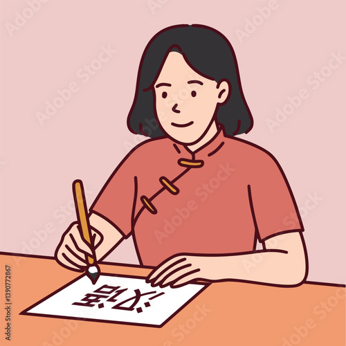 Woman in traditional clothing writing Chinese characters with a brush, symbolizing language learning and cultural expression