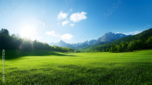 Vibrant Green Field Under Blue Sky With Sunburst Effect and Distant Mountains