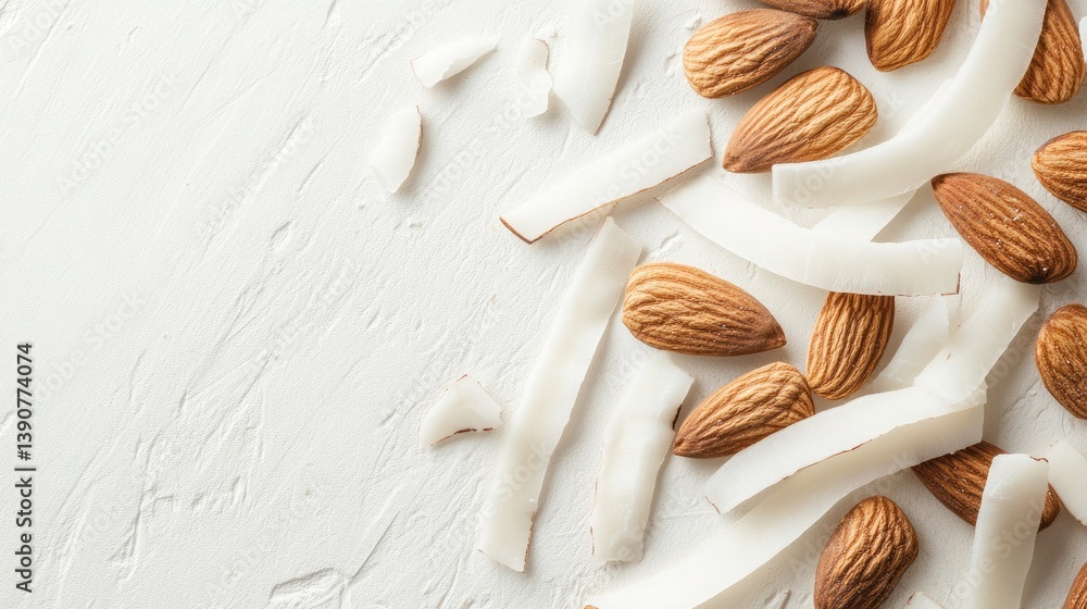 A smooth and modern composition of sliced dried coconut strips resting naturally alongside whole almonds on a bright white background A smooth and modern composition of sliced dried coconut strips resting naturally alongside whole almonds on a bright white background