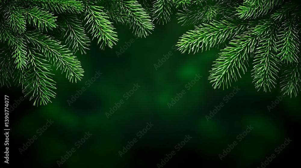 Vibrant Green Fir Branches Border on Dark Blurred Background for Holiday Season Vibrant Green Fir Branches Border on Dark Blurred Background for Holiday Season