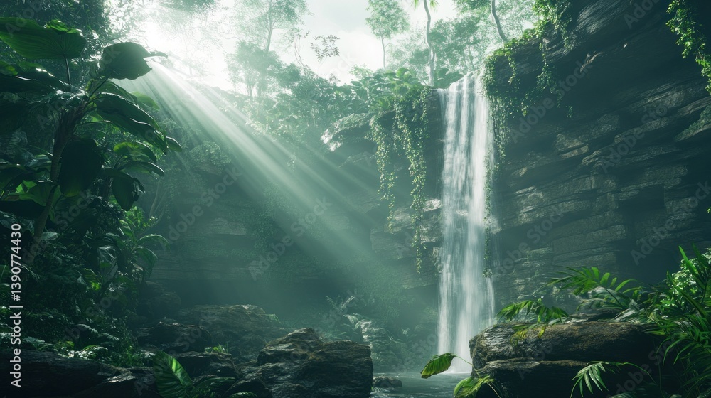 Fototapeta premium Sunbeams illuminate a hidden jungle waterfall cascading down mossy rocks.