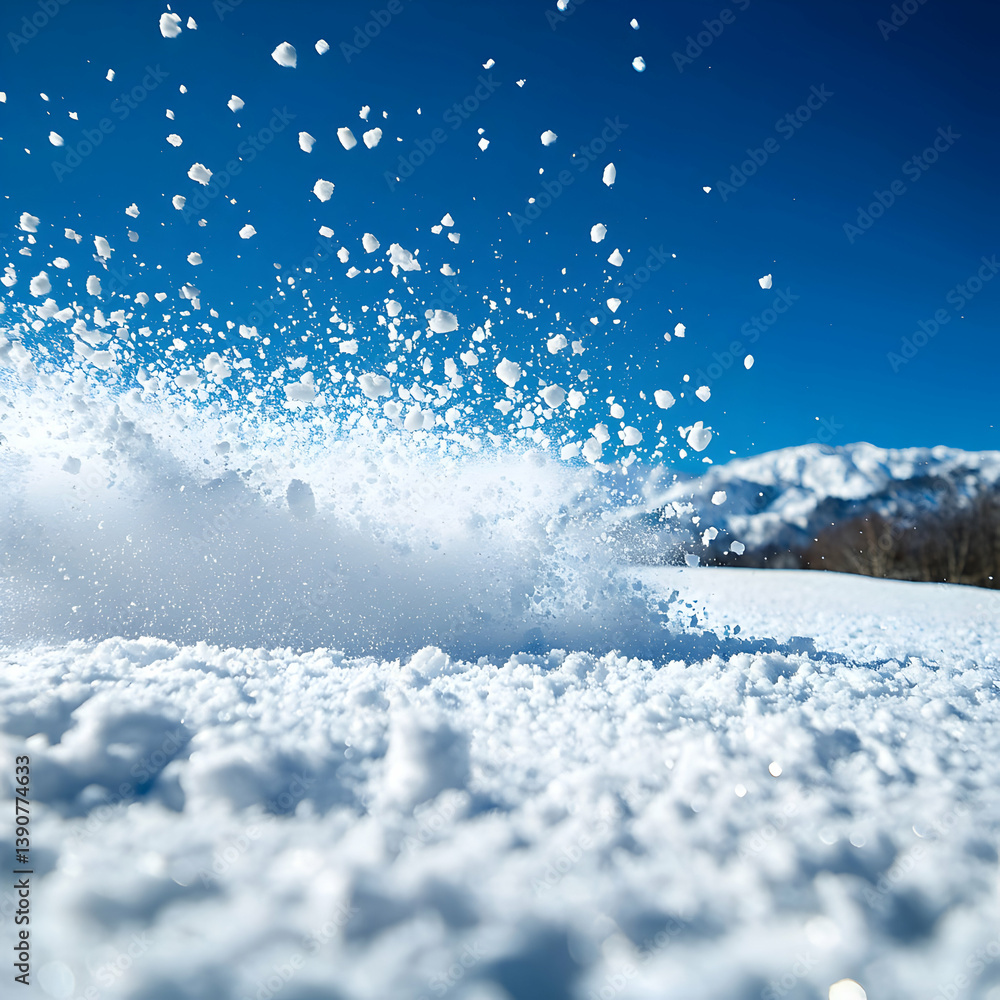 White Snow Falling Over White Snowy Field With Mountain And Blue Sky During Winter Season White Snow Falling Over White Snowy Field With Mountain And Blue Sky During Winter Season