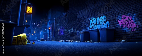 A dark cartoon alley with graffiti and vibrant city lights