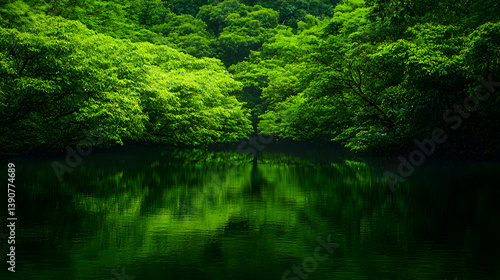 Vibrant Green Foliage Reflected on Still Water Surface in a Dense Forest Landscape