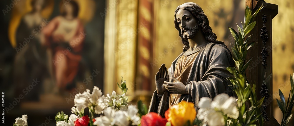 Statue of Jesus among flowers in a church setting