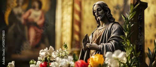 Obraz na płótnie Statue of Jesus among flowers in a church setting w salonie