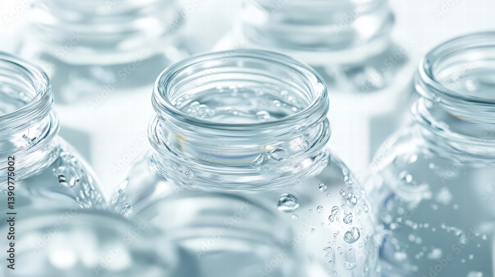 Transparent Vessels: A close-up shot of transparent glass bottles, half-filled with a clear liquid, emphasizing the concept of purity and freshness. Transparent Vessels: A close-up shot of transparent glass bottles, half-filled with a clear liquid, emphasizing the concept of purity and freshness.