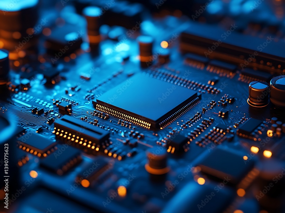 A close-up of the chip on an old computer, which is placed in front of other chips and motherboards A close-up of the chip on an old computer, which is placed in front of other chips and motherboards
