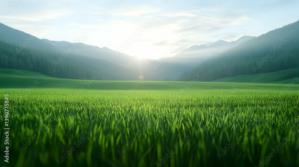 Vibrant Green Grass Field In Valley With Sunlight And Lush Forest Background Vibrant Green Grass Field In Valley With Sunlight And Lush Forest Background