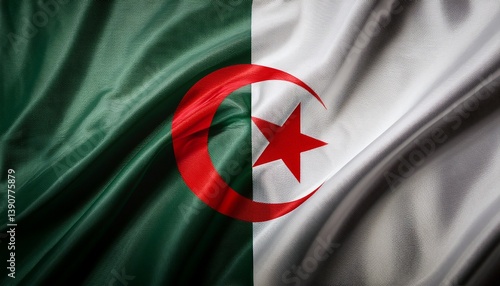 elegant draped algerian flag waving with soft folds and red star