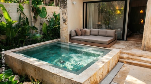 Wallpaper Mural Serene Outdoor Space with Private Plunge Pool and Modern Couch Surrounded by Lush Greenery Torontodigital.ca