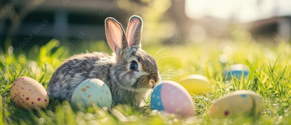Cute rabbit with colorful eggs in sunny grass