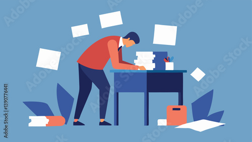 Falling Papers A person standing at a desk piled with papers labeled with phrases like abandonment and regret. As they try to sort through them papers fall and cover them up.
