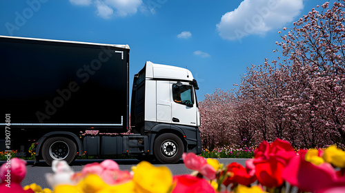 White Truck Driving On Paved Road With Blooming Flowers And Cherry Blossoms in Sunny Day