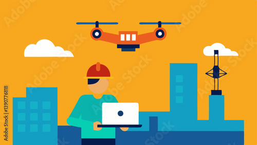 Aerial Surveying An illustration of a drone flying high above a construction site capturing images while a professional monitors the drones flight from a laptop.
