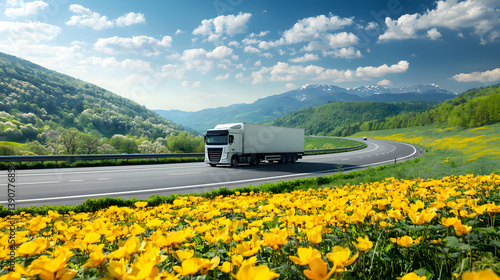 White Truck On Winding Road Through Lush Green Hills and Yellow Flower Fields Under Blue Sky