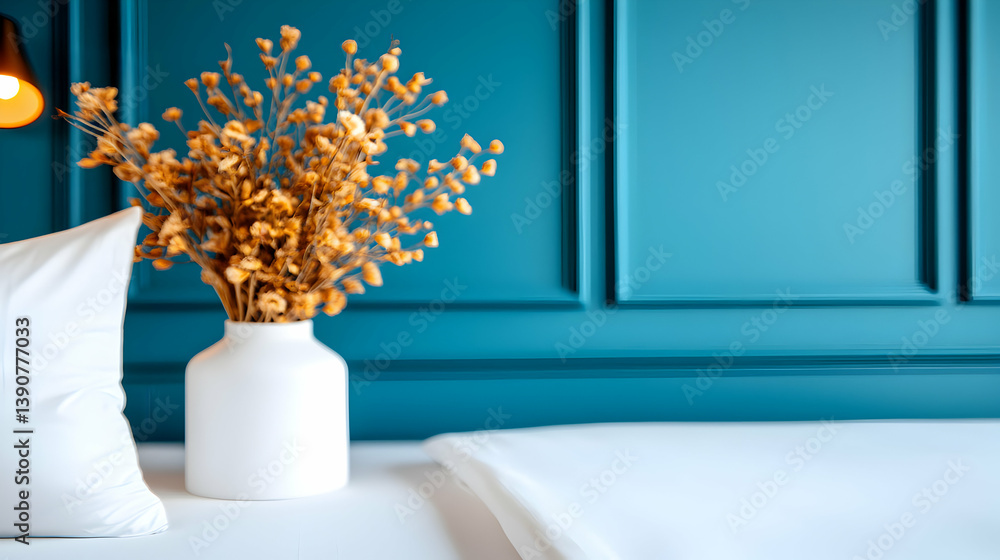 Fototapeta premium White Vase With Dried Flowers On White Surface Against Teal Wall With Soft Lighting