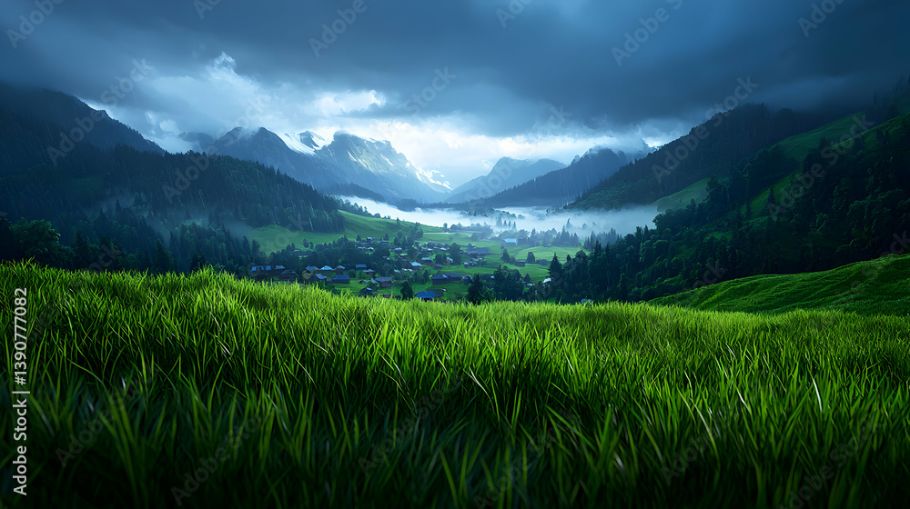 Obraz premium Vibrant Green Landscape Of A Valley And Mountains Under A Moody Sky With Fog And Distant Village