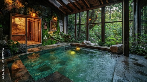 Wallpaper Mural Serene indoor hot spring with natural stone elements and lush greenery near large windows showcasing the tranquil forest view Torontodigital.ca