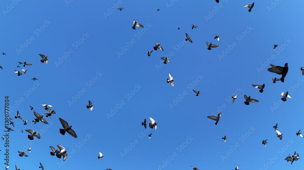 Large flock of pigeons flying across clear blue sky, captured in motion and freedom, illustrating nature dynamics, migration, and peaceful wildlife atmosphere Large flock of pigeons flying across clear blue sky, captured in motion and freedom, illustrating nature dynamics, migration, and peaceful wildlife atmosphere