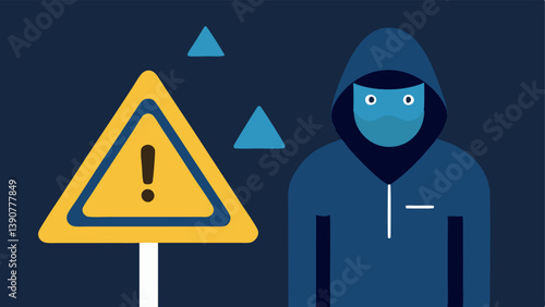Caution Sign with Hacker An ethical hacker standing next to a caution sign that highlights the importance of identifying security risks in technology.