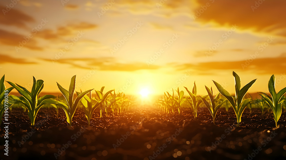 Fototapeta premium Young Corn Plants Illuminated By Sunset Light Growing In Field